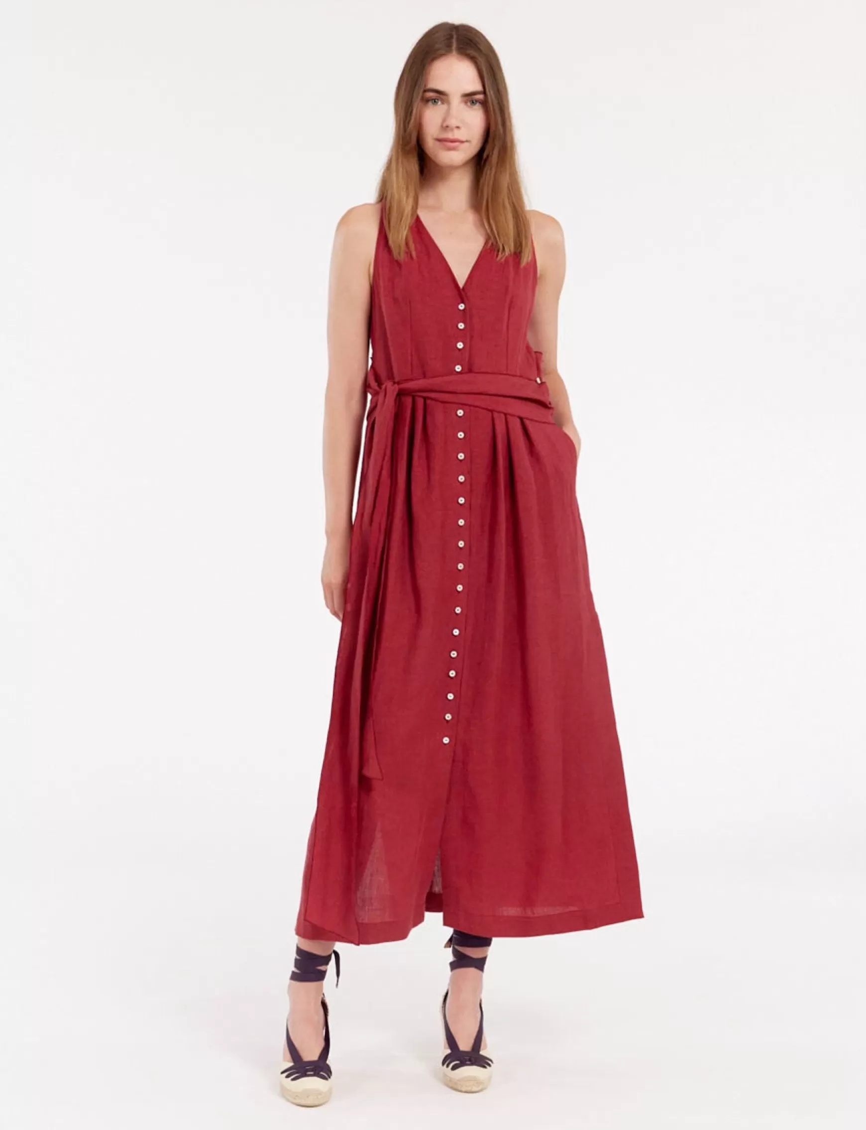 Ines de la Fressange Paris Ambre long dress in raspberry linen Clearance