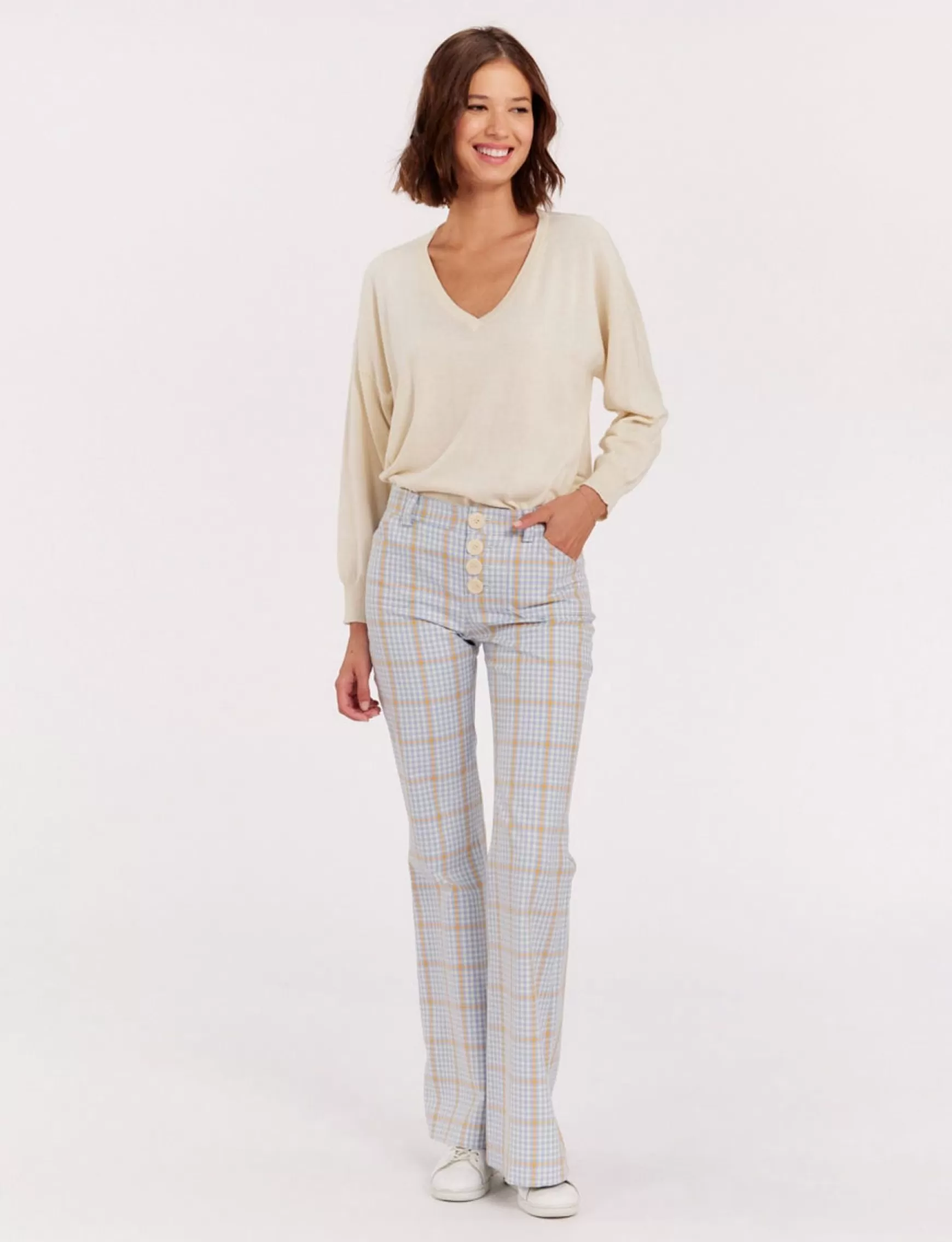 Ines de la Fressange Paris Charlotte blue and orange checked trousers Shop