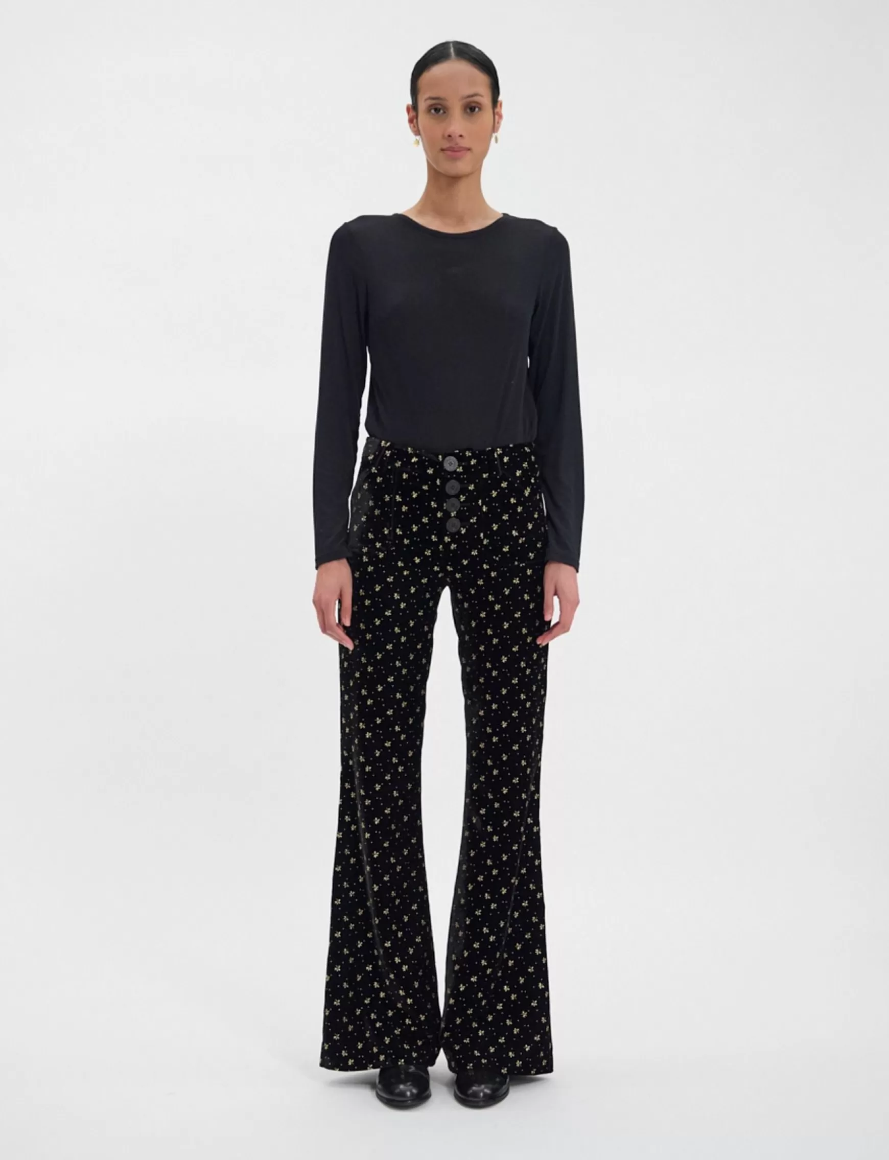 Ines de la Fressange Paris Charlotte trousers in smooth black velvet with gold print Sale