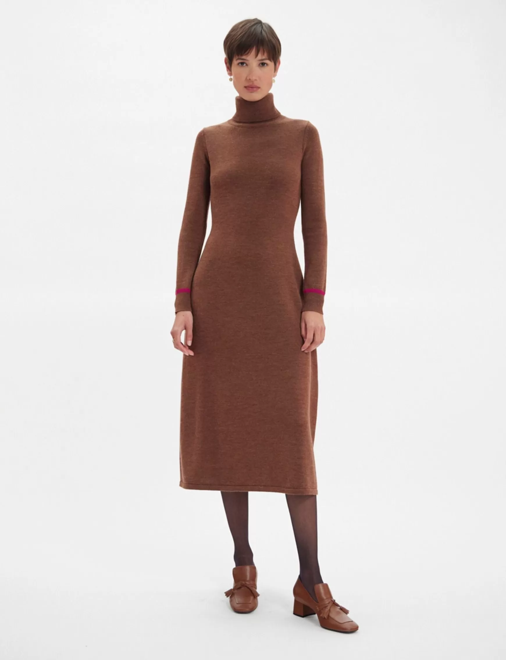 Ines de la Fressange Paris Divine brown turtleneck dress with fuchsia trim Hot