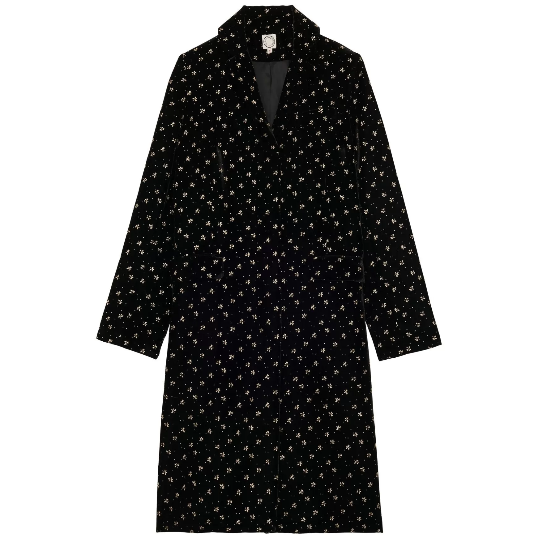 Ines de la Fressange Paris Franck coat in smooth black velvet with gold print Best Sale