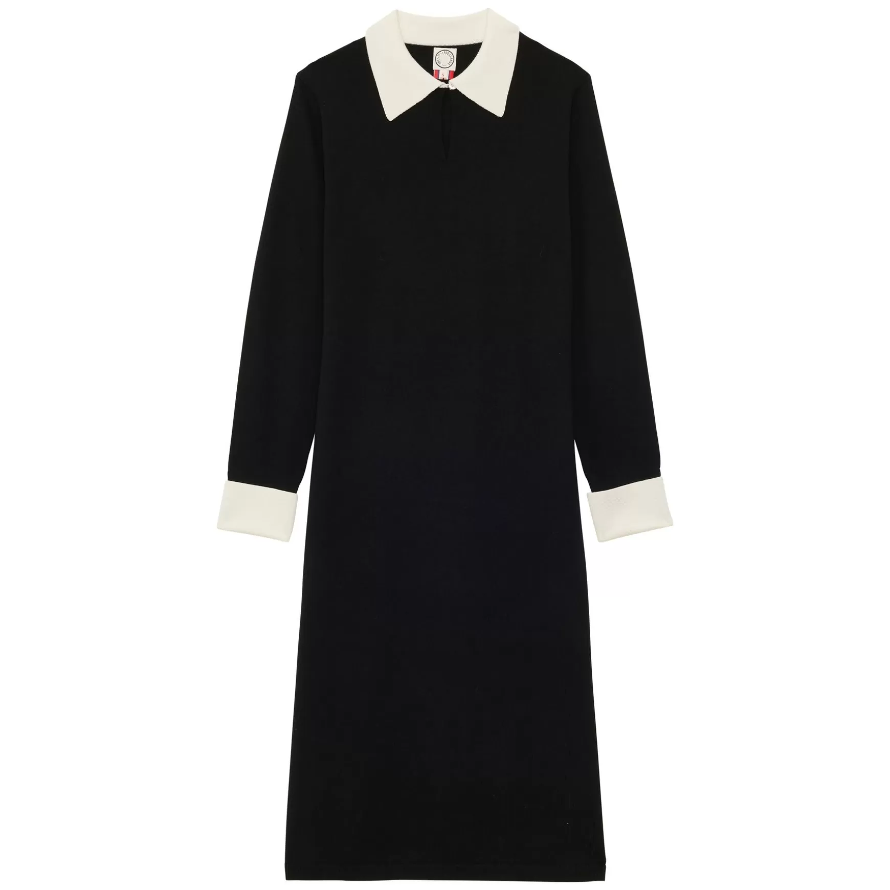 Ines de la Fressange Paris Gabby dress in black merino wool, white cuffs New