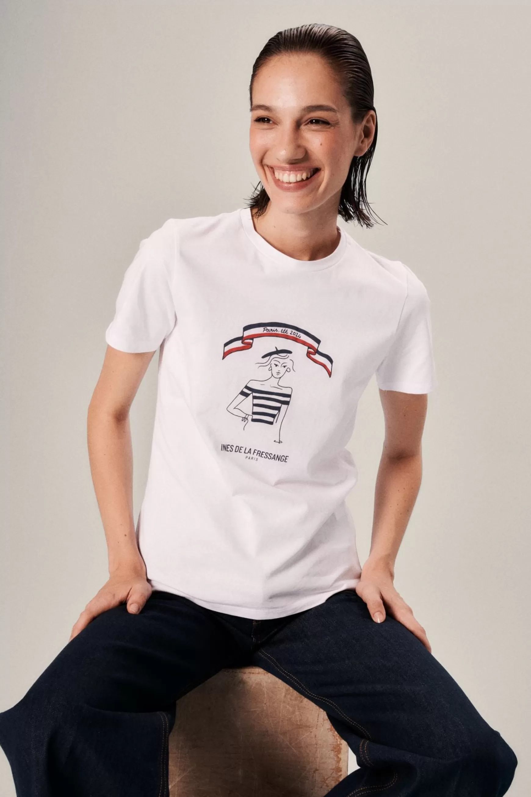 Ines de la Fressange Paris Limited edition T-shirt, summer 2024 in Paris, "Parisienne" model Discount