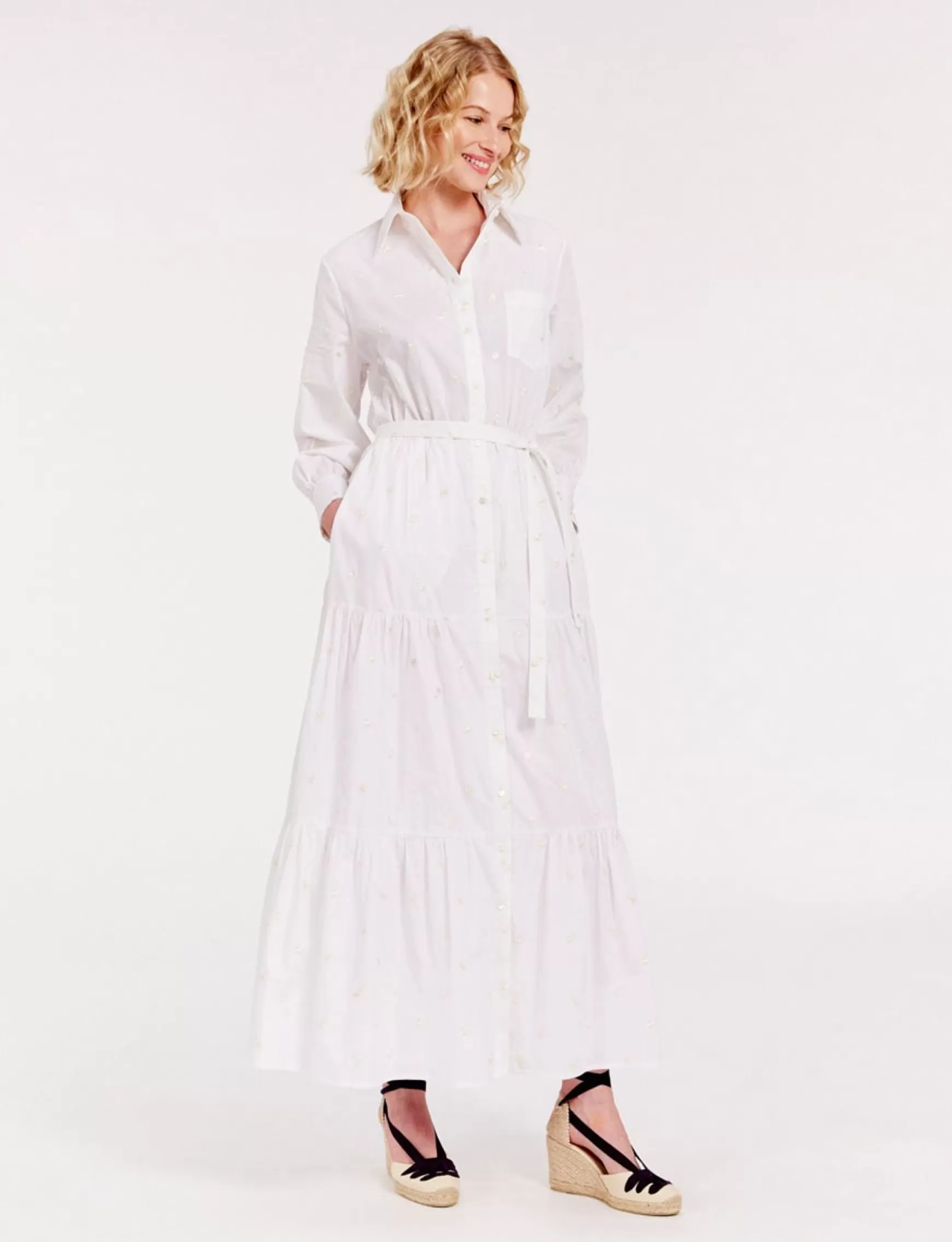 Ines de la Fressange Paris Léna long dress with white ruffles and embroidered fabric Discount