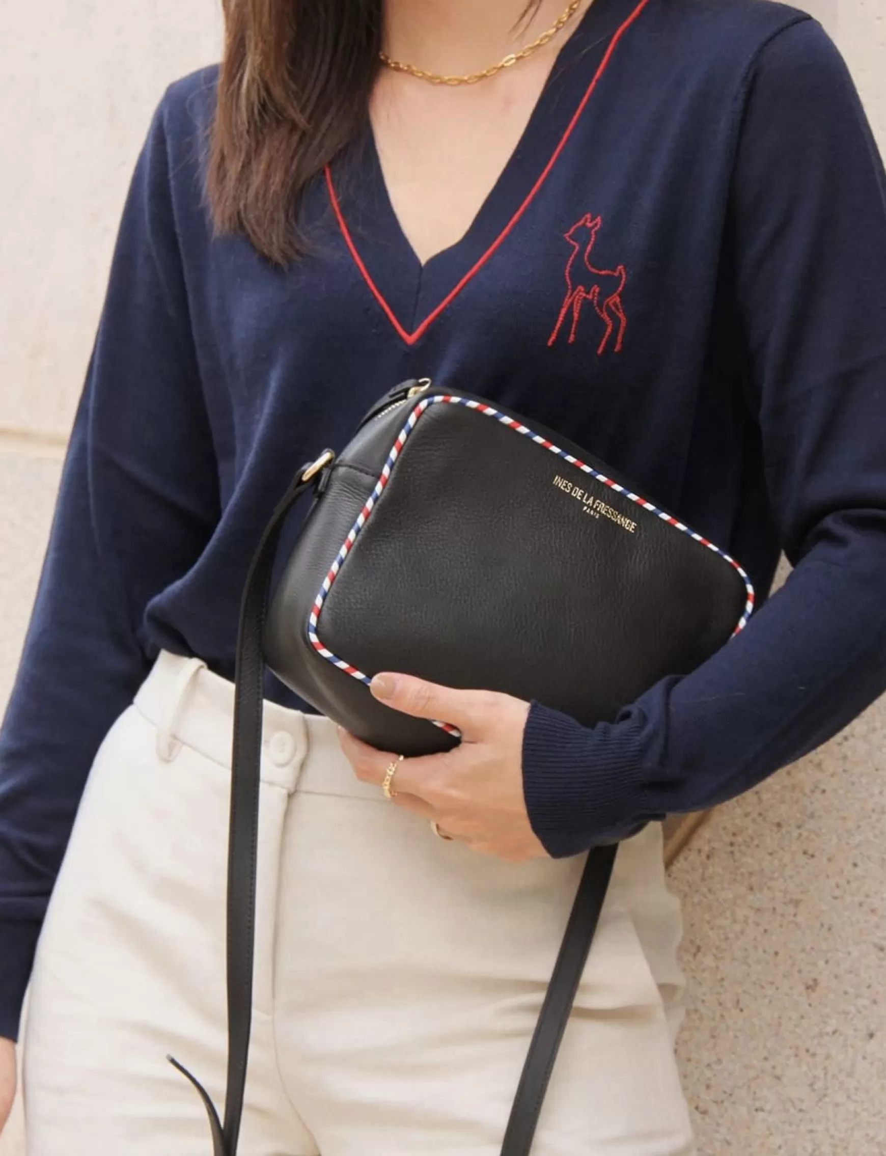 Ines de la Fressange Paris Marcia bag in black leather with tricolour trim Flash Sale