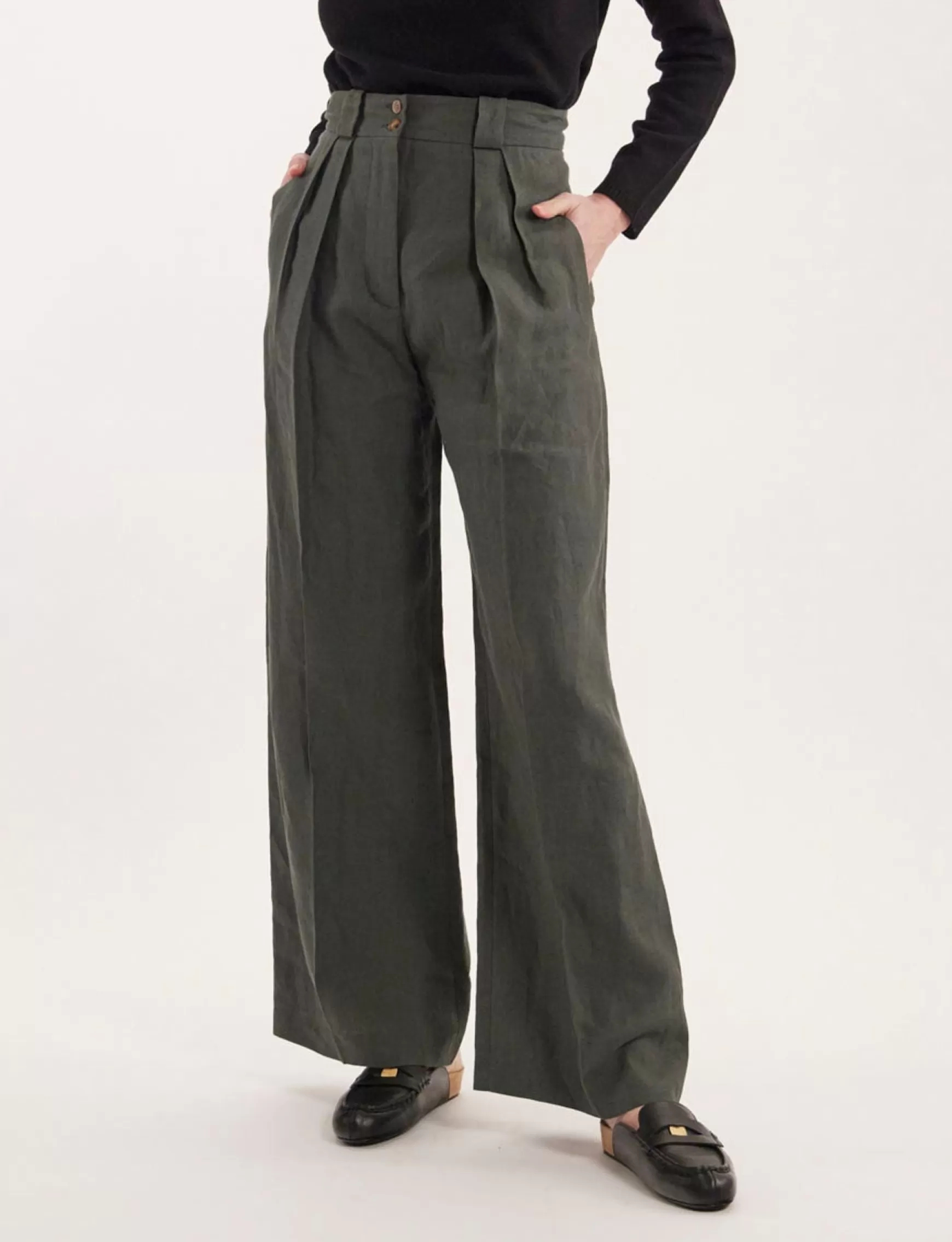 Ines de la Fressange Paris Marlène trousers in dark green linen Best Sale