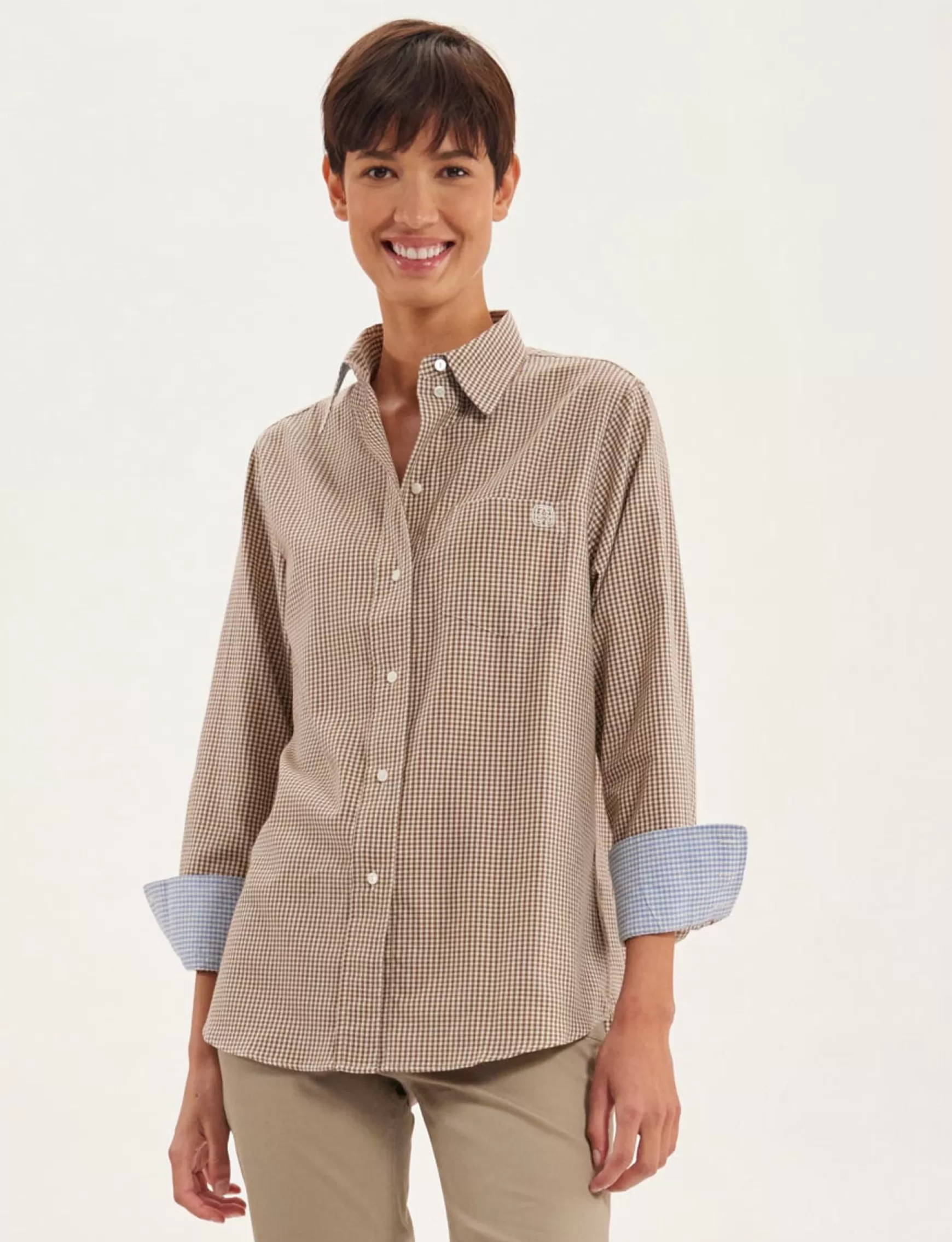 Ines de la Fressange Paris Maureen brown and ecru shirt, contrasting lapels Discount