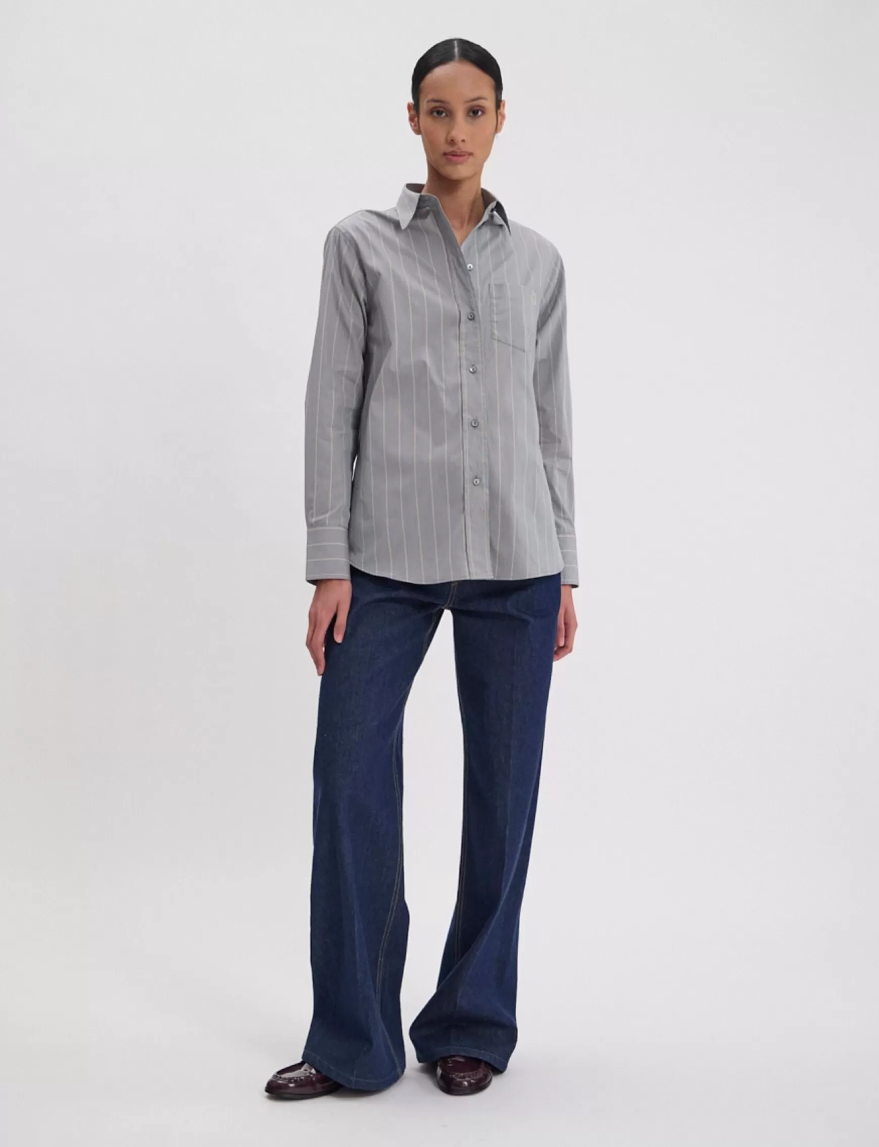 Ines de la Fressange Paris Maureen shirt in almond green cotton with beige stripes Sale