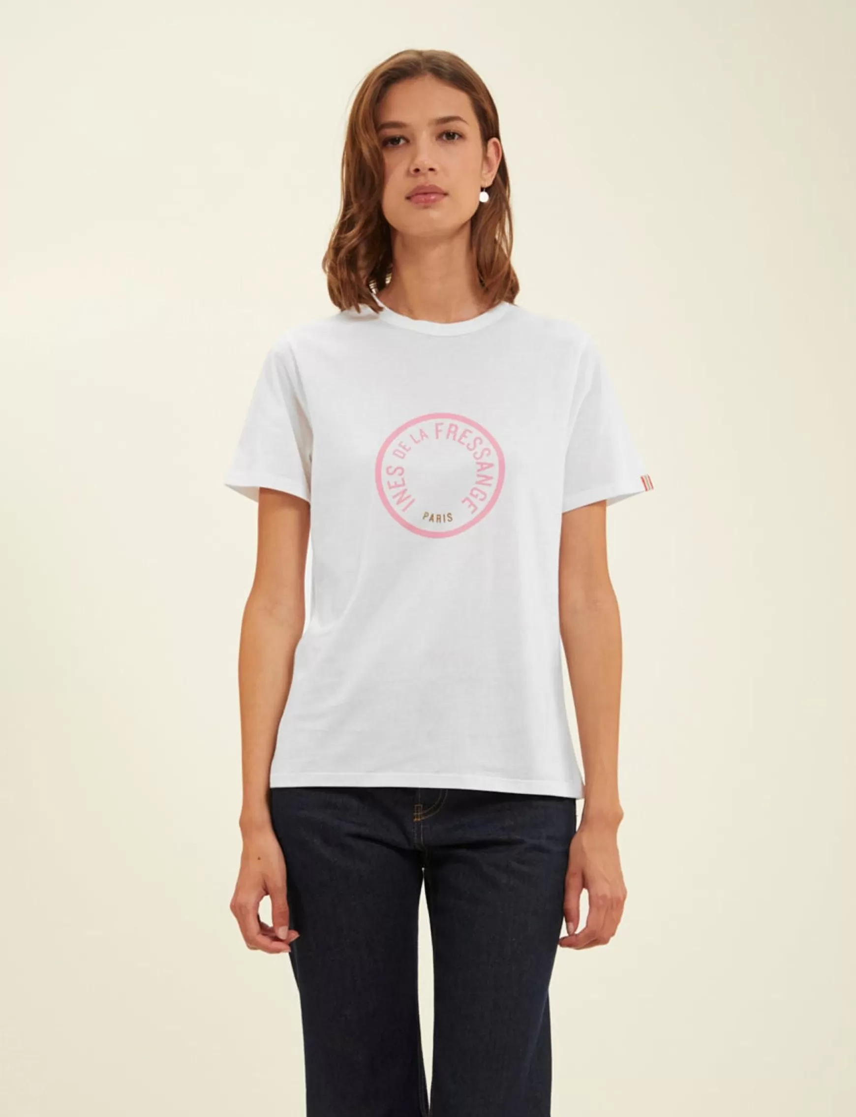 Ines de la Fressange Paris Oscar white logo pink T-shirt New