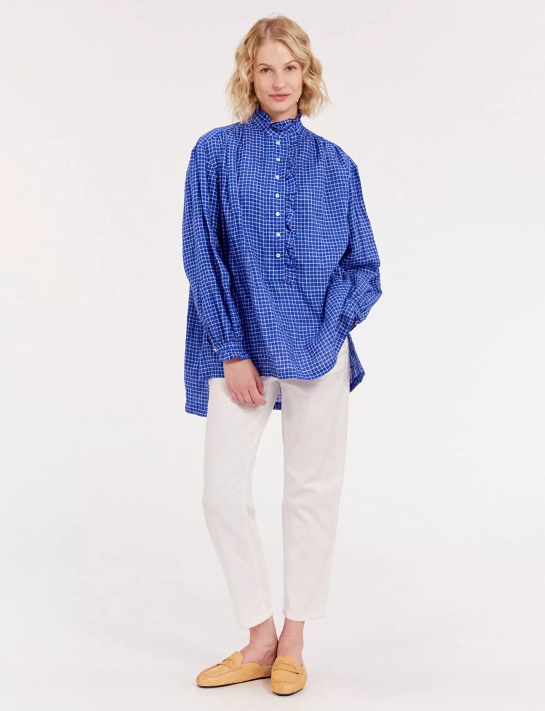 Ines de la Fressange Paris Oversized Maryange shirt with ruffles in blue linen Sale