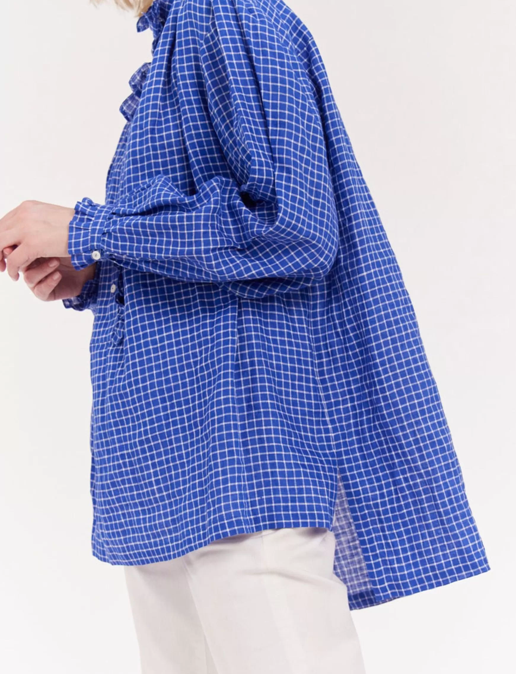 Ines de la Fressange Paris Oversized Maryange shirt with ruffles in blue linen Sale