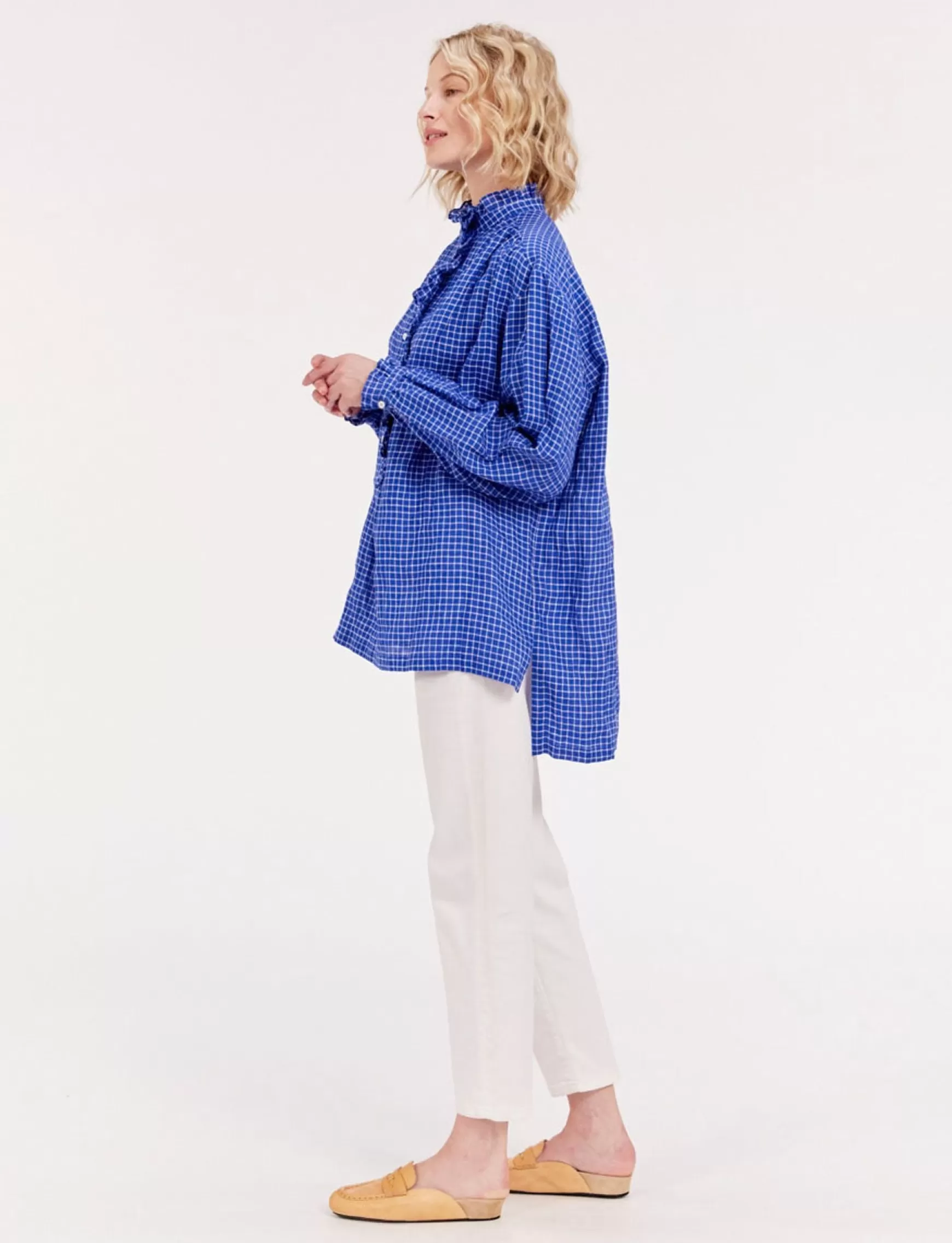 Ines de la Fressange Paris Oversized Maryange shirt with ruffles in blue linen Sale