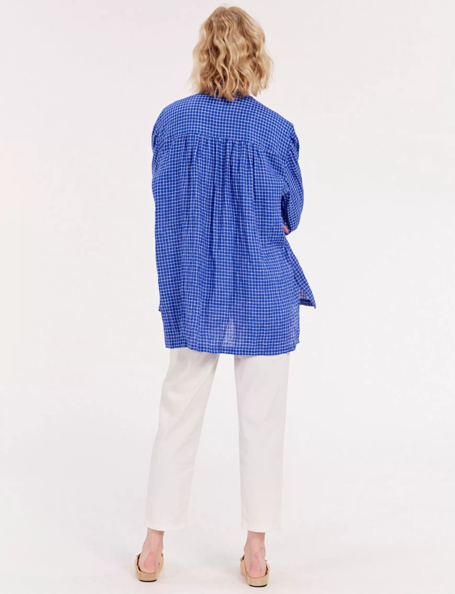 Ines de la Fressange Paris Oversized Maryange shirt with ruffles in blue linen Sale