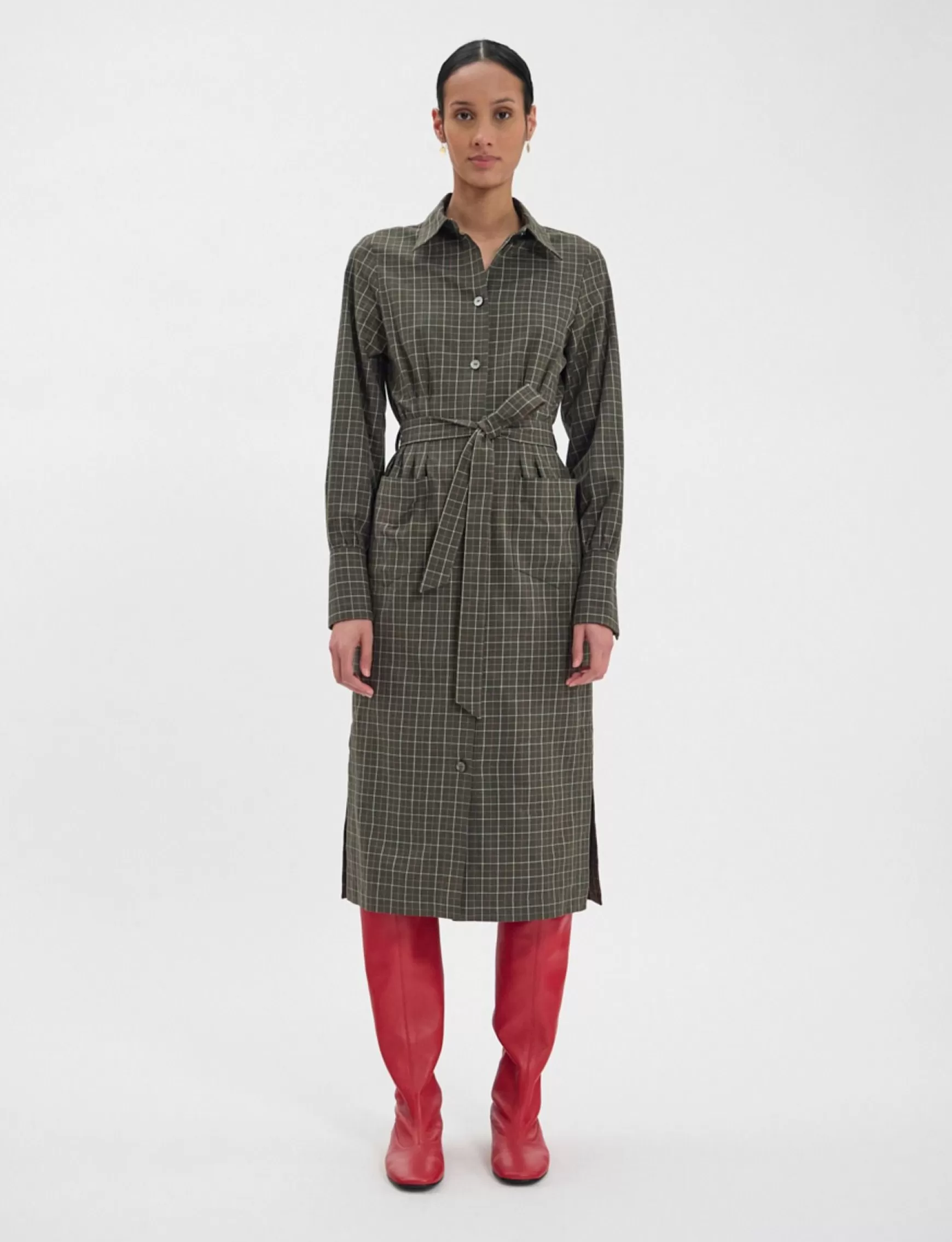 Ines de la Fressange Paris Rosabella khaki cotton check dress Store